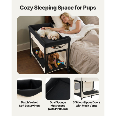 VEVOR Υπερυψωμένο Κρεβάτι για Κατοικίδια, Πτυσσόμενο Κρεβάτι Κουκέτας για Σκύλους με Ύφασμα Oxford 600D και Ολλανδικό Βελούδο, Φορητό Υπερυψωμένο Κρεβάτι με Ρόδες, Πλαϊνές Τσάντες Αποθήκευσης και Τσάντα Μεταφοράς για Γάτες & Σκύλους, L, Μπεζ