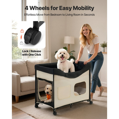 VEVOR Υπερυψωμένο Κρεβάτι για Κατοικίδια, Πτυσσόμενο Κρεβάτι Κουκέτας για Σκύλους με Ύφασμα Oxford 600D και Ολλανδικό Βελούδο, Φορητό Υπερυψωμένο Κρεβάτι με Ρόδες, Πλαϊνές Τσάντες Αποθήκευσης και Τσάντα Μεταφοράς για Γάτες & Σκύλους, L, Μπεζ