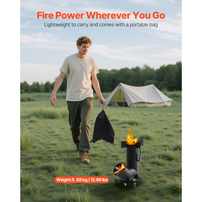 Σόμπα πυραύλων VEVOR για κάμπινγκ, φορητή ξυλόσομπα πυραύλων με τσάντα μεταφοράς για σακίδιο πλάτης, ανθρακούχο χάλυβα, καμένα ξύλα, κλαδιά ή ξυλάκια για μαγείρεμα σε εξωτερικό χώρο, αυλή, μαγείρεμα σε κάμπινγκ, θέρμανση, μαύρο