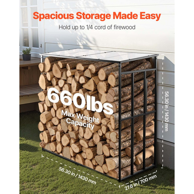 Ράφι Καυσόξυλων VEVOR με Κεκλιμένη Στέγη, Εξωτερική Θήκη Καυσόξυλων 143cm, Αποθήκη Ξύλων 1/4 με Κορδόνι, Μέγιστη Χωρητικότητα Βάρους 299kg, Μεταλλική Ράφι Αποθήκευσης Ξύλου με Ηλεκτροστατική Βαφή για Τζάκι, Αυλή, Κήπο