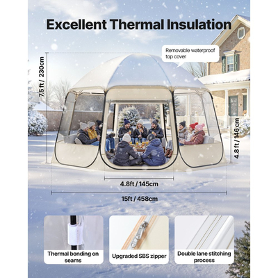 VEVOR Αναδιπλούμενη Σκηνή Bubble, 4,58 x 4,32 μ. Αδιάβροχη και ανθεκτική στην υπεριώδη ακτινοβολία, διαφανής σκηνή κάμπινγκ, εξωτερικές σκηνές ιγκλού με θόλο κήπου και παράθυρα, πανοραμική θέα 540°, για 12-15 άτομα, αίθριο και πίσω αυλή