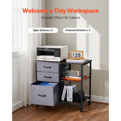 Μεταλλική αρχειοθήκη VEVOR, Κινητό αρχειοθήκη με 3 υφασμάτινα συρτάρια και 2 ανοιχτά ράφια, Ξύλινα κάθετα αρχειοθετημένα ντουλάπια αποθήκευσης με ροδάκια για Letter, A4, αρχείο μεγέθους Legal, Εύκολη συναρμολόγηση, καφέ