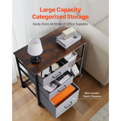 Μεταλλική αρχειοθήκη VEVOR, Κινητό αρχειοθήκη με 3 υφασμάτινα συρτάρια και 2 ανοιχτά ράφια, Ξύλινα κάθετα αρχειοθετημένα ντουλάπια αποθήκευσης με ροδάκια για Letter, A4, αρχείο μεγέθους Legal, Εύκολη συναρμολόγηση, καφέ