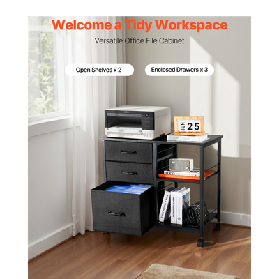 Μεταλλικό Ντουλάπι Αρχειοθέτησης VEVOR, Κινητό Ντουλάπι Αρχειοθέτησης με 3 Υφασμάτινα Συρτάρια και 2 Ανοιχτά Ράφια, Ξύλινα Κάθετα Ντουλάπια Αποθήκευσης Αρχειοθέτησης με Ρόδες για Αρχεία Letter, A4, Legal, Εύκολη Συναρμολόγηση, Μαύρο