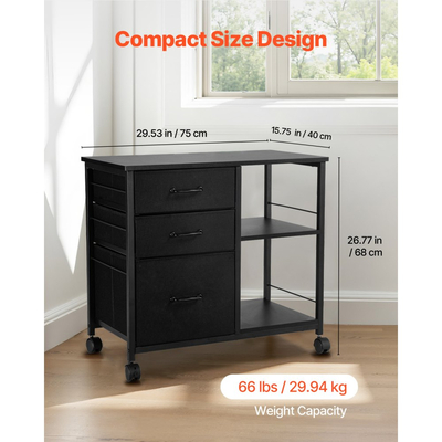 Μεταλλικό Ντουλάπι Αρχειοθέτησης VEVOR, Κινητό Ντουλάπι Αρχειοθέτησης με 3 Υφασμάτινα Συρτάρια και 2 Ανοιχτά Ράφια, Ξύλινα Κάθετα Ντουλάπια Αποθήκευσης Αρχειοθέτησης με Ρόδες για Αρχεία Letter, A4, Legal, Εύκολη Συναρμολόγηση, Μαύρο
