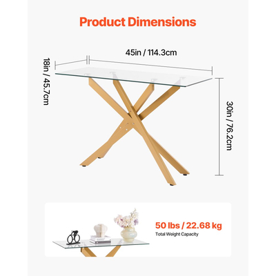 Τραπεζάκι σαλονιού VEVOR από γυαλί, μοντέρνο ορθογώνιο βοηθητικό τραπεζάκι καναπέ με επιφάνεια από σκληρυμένο γυαλί και σιδερένια σταυροπόδια, χρυσαφί γεωμετρικό γραφείο κονσόλας με ρυθμιζόμενα αντιολισθητικά υποπόδια για σαλόνι, είσοδο, φουαγιέ