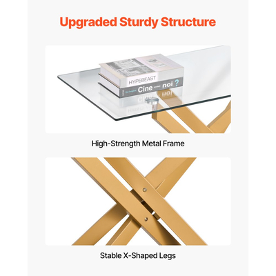 Τραπεζάκι σαλονιού VEVOR από γυαλί, μοντέρνο ορθογώνιο βοηθητικό τραπεζάκι καναπέ με επιφάνεια από σκληρυμένο γυαλί και σιδερένια σταυροπόδια, χρυσαφί γεωμετρικό γραφείο κονσόλας με ρυθμιζόμενα αντιολισθητικά υποπόδια για σαλόνι, είσοδο, φουαγιέ
