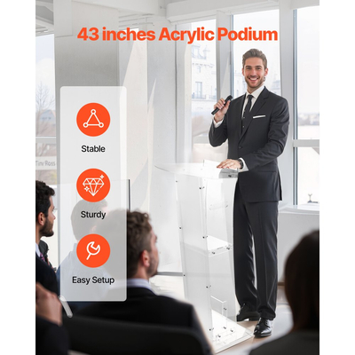 Βάση VEVOR Podium, Ακρυλικό Αναλόγιο 1100 mm, Φορητό Γραφείο Φορητού Υπολογιστή με Ευρεία Επιφάνεια Ανάγνωσης και Ράφι Αποθήκευσης, Στοπ Βιβλίων, Επιδαπέδια, για Τάξη, Γάμο, Συνέδριο, Διαλέξεις και Συναυλίες