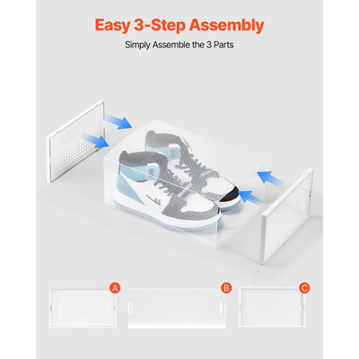 Κουτιά αποθήκευσης παπουτσιών VEVOR, 12 στοιβαζόμενα κουτιά παπουτσιών, οργανωτές αποθήκευσης, κατάλληλα έως μέγεθος 11 ΗΠΑ, πλαστικά αρθρωτά δοχεία αθλητικών παπουτσιών που εξοικονομούν χώρο για την αποθήκευση ψηλών τακουνιών, μποτών και καπέλων, λευκό πλαίσιο