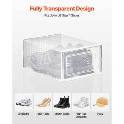 Κουτιά αποθήκευσης παπουτσιών VEVOR, 12 στοιβαζόμενα κουτιά παπουτσιών, οργανωτές αποθήκευσης, κατάλληλα έως μέγεθος 11 ΗΠΑ, πλαστικά αρθρωτά δοχεία αθλητικών παπουτσιών που εξοικονομούν χώρο για την αποθήκευση ψηλών τακουνιών, μποτών και καπέλων, λευκό πλαίσιο