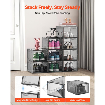 Κουτιά αποθήκευσης παπουτσιών VEVOR, Συσκευασία 9 τεμαχίων με διαφανή στοιβαζόμενα κουτιά παπουτσιών, οργανωτές αποθήκευσης με μαγνητική πόρτα, Χωρητικότητα έως και μέγεθος 13 ΗΠΑ, Πλαστικά δοχεία για αθλητικά παπούτσια για ψηλοτάκουνα, μπότες και καπέλα, Διαφανές μαύρο