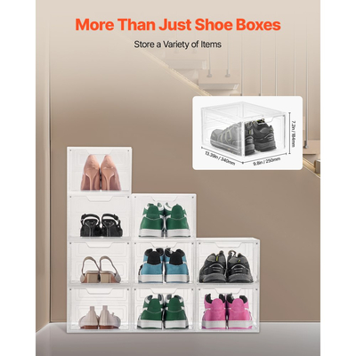Κουτιά αποθήκευσης παπουτσιών VEVOR, Συσκευασία 9 τεμαχίων με διαφανή στοιβαζόμενα κουτιά παπουτσιών, οργανωτές αποθήκευσης με μαγνητική πόρτα, Χωρητικότητα έως και μέγεθος 13 ΗΠΑ, Πλαστικά δοχεία για αθλητικά παπούτσια για ψηλοτάκουνα, μπότες και καπέλα, Διαφανές λευκό