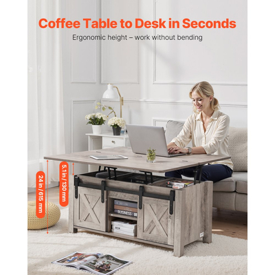 Τραπεζάκι σαλονιού VEVOR 1000 mm με ανυψούμενη επιφάνεια, Ρουστίκ κεντρικό τραπέζι με πόρτα αχυρώνα και κρυφό χώρο αποθήκευσης, Μοντέρνα ορθογώνια ανυψούμενη επιφάνεια τραπεζιού για σαλόνι, γραφείο, σπίτι, εύκολη συναρμολόγηση, δρυς