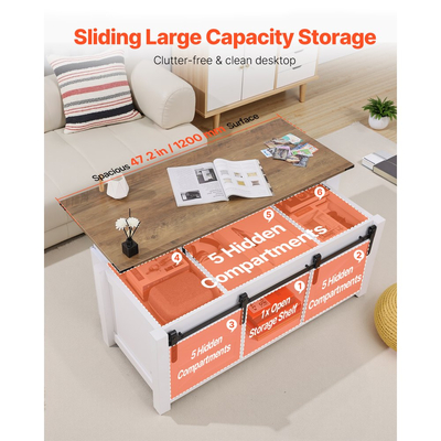 Τραπεζάκι σαλονιού VEVOR 1200 mm με ανυψούμενη επιφάνεια, Ρουστίκ κεντρικό τραπέζι με πόρτα αχυρώνα και κρυφό χώρο αποθήκευσης, Μοντέρνα ορθογώνια ανυψούμενη επιφάνεια τραπεζιού για σαλόνι, γραφείο, σπίτι, εύκολη συναρμολόγηση, λευκό