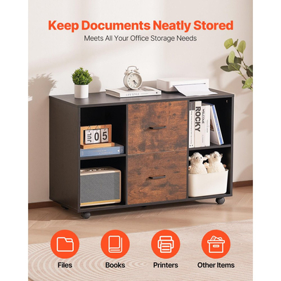 Ξύλινη αρχειοθήκη VEVOR με 2 συρτάρια, Κινητό αρχειοθήκη με ανοιχτά ράφια, Πλαϊνή κυλιόμενη αποθήκευση αρχείων με κλειδώσιμες ρόδες, Μοντέρνα ανεξάρτητη βάση εκτυπωτή για σπίτι, γραφείο, σχολείο, μαύρο