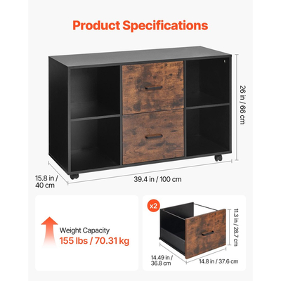 Ξύλινη αρχειοθήκη VEVOR με 2 συρτάρια, Κινητό αρχειοθήκη με ανοιχτά ράφια, Πλαϊνή κυλιόμενη αποθήκευση αρχείων με κλειδώσιμες ρόδες, Μοντέρνα ανεξάρτητη βάση εκτυπωτή για σπίτι, γραφείο, σχολείο, μαύρο