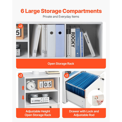 VEVOR Ξύλινη Ντουλάπα Αρχειοθέτησης με 2 Συρτάρια, Κινητό Ντουλάπι Αρχειοθέτησης με Ανοιχτά Ράφια, Πλευρική Ρολαρισμένη Αποθήκευση Αρχείων με Κλείδωμα και Ρυθμιζόμενα Ράφια, Ελεύθερη Βάση Εκτυπωτή για Οικιακό Γραφείο και Σχολείο, Λευκό