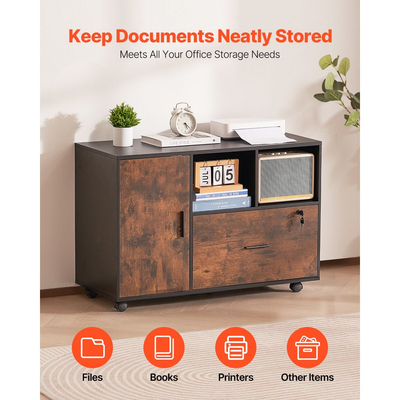 Ξύλινη αρχειοθήκη VEVOR, Κινητό αρχειοθήκη με ανοιχτά ράφια, Πλευρική κυλιόμενη αποθήκευση αρχείων με κλειδαριά και ρυθμιζόμενα ράφια, Ελεύθερη βάση εκτυπωτή για σπίτι, γραφείο, σχολείο, ρουστίκ καφέ