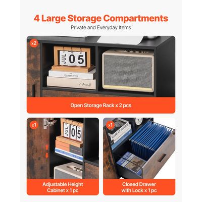 Ξύλινη αρχειοθήκη VEVOR, Κινητό αρχειοθήκη με ανοιχτά ράφια, Πλευρική κυλιόμενη αποθήκευση αρχείων με κλειδαριά και ρυθμιζόμενα ράφια, Ελεύθερη βάση εκτυπωτή για σπίτι, γραφείο, σχολείο, ρουστίκ καφέ