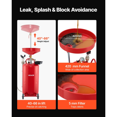 Δεξαμενή Αποστράγγισης Απόβλητων Λιπαντικών VEVOR 79,5L, Φορητή Αποστράγγιση Λαδιού με Αερόθερμη Λειτουργία και Ρυθμιζόμενο Ύψος Χωνιού, Βιομηχανική Δεξαμενή Αποστράγγισης Υγρών με Ρόδες, Αποστράγγιση Μεταφοράς Υγρών Καυσίμου για Συνεργεία Αυτοκινήτων, Κόκκινη