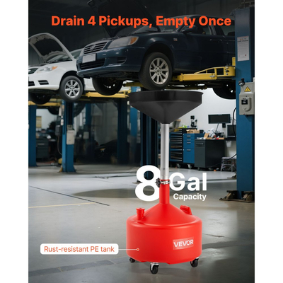 Δεξαμενή Αποστράγγισης Απόβλητων Λιπαντικών VEVOR 30L, Βιομηχανική Δεξαμενή Αποστράγγισης Υγρών με Ρυθμιζόμενο Ύψος Χωνιού, Φορητή Αποστράγγιση Λαδιού με Ρόδες, Αποστράγγιση Μεταφοράς Υγρών Καυσίμου για Συνεργεία Αυτοκινήτων, Γκαράζ, Κόκκινο