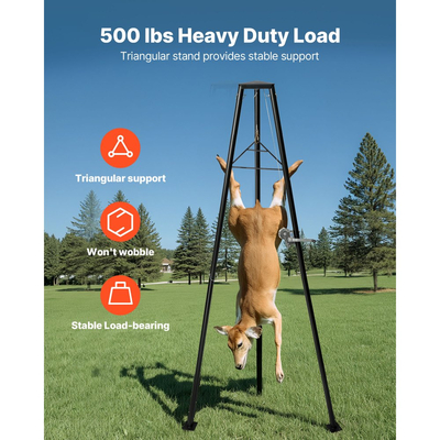 Τρίποδος ανύψωσης ελαφιών VEVOR, Χωρητικότητα φορτίου 500 λίβρες, Ανυψωτικό βαρούλκο κυνηγιού με γλουτό και χειροκίνητο βαρούλκο, Αξεσουάρ εκδοράς και καθαρισμού κυνηγιού για καθαρισμό, εκδορά και μετακίνηση, Μαύρο