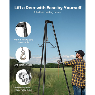 Τρίποδος ανύψωσης ελαφιών VEVOR, Χωρητικότητα φορτίου 500 λίβρες, Ανυψωτικό βαρούλκο κυνηγιού με γλουτό και χειροκίνητο βαρούλκο, Αξεσουάρ εκδοράς και καθαρισμού κυνηγιού για καθαρισμό, εκδορά και μετακίνηση, Μαύρο