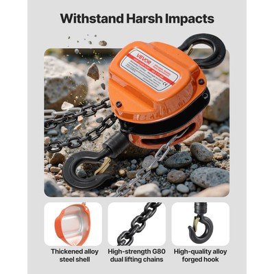 Χειροκίνητο βαρούλκο αλυσίδας VEVOR, χωρητικότητας 1 τόνου, χειροκίνητο μπλοκ αλυσίδας με αναβάθμιση G80 γαλβανισμένη αλυσίδα, ύψος ανύψωσης 6 m, βαρέως τύπου τροχαλία βαρέως τύπου για αποθήκη γκαράζ και μηχανήματα αυτοκινήτων, πορτοκαλί