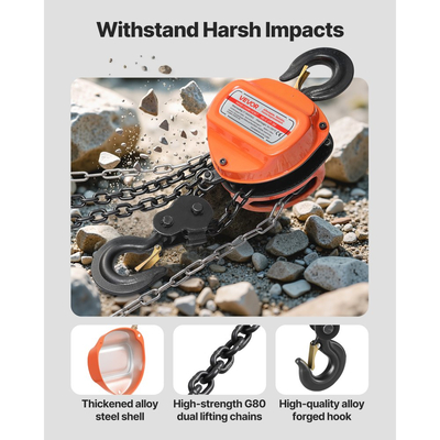 Χειροκίνητο βαρούλκο αλυσίδας VEVOR, χωρητικότητας 2 τόνων, χειροκίνητο μπλοκ αλυσίδας με αναβάθμιση G80 γαλβανισμένη αλυσίδα, ύψος ανύψωσης 3 m, βαρέως τύπου τροχαλία βαρέως τύπου για αποθήκη γκαράζ και μηχανήματα αυτοκινήτων, πορτοκαλί