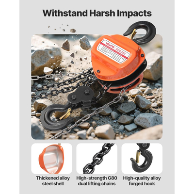 Χειροκίνητο βαρούλκο αλυσίδας VEVOR, χωρητικότητας 2 τόνων, χειροκίνητο μπλοκ αλυσίδας με αναβάθμιση G80 γαλβανισμένη αλυσίδα, ύψος ανύψωσης 6 m, βαρέως τύπου τροχαλία βαρέως τύπου για αποθήκη γκαράζ και μηχανήματα αυτοκινήτων, πορτοκαλί