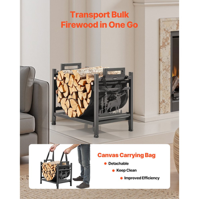 Ράφι καυσόξυλων εσωτερικού χώρου VEVOR, Κυρτή βάση για κορμούς 45cm με φορέα από καμβά, Βάση αποθήκευσης ξύλου με χωρητικότητα βάρους 18kg, Βάση καυσόξυλων από χάλυβα με ηλεκτροστατική βαφή, Βαρέως τύπου ράφι στοίβαξης ξύλων για τζάκι