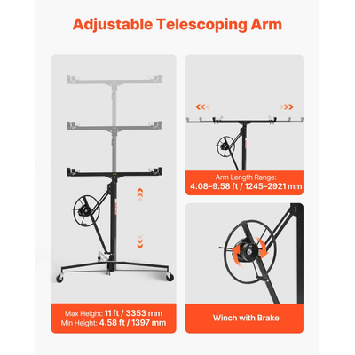Ανυψωτικό Γυψοσανίδας VEVOR 3353mm, Βαρέως Τύπου Ανυψωτικό Γυψοσανίδας 68 kg με Ρυθμιζόμενο Τηλεσκοπικό Βραχίονα, Κλειδώσιμους Τροχούς, Εργαλεία Ανύψωσης Γυψοσανίδας με Ανυψωτικό Πάνελ, Ιδανικά για Εγκατάσταση σε Οροφή & Τοίχο (Μαύρο)