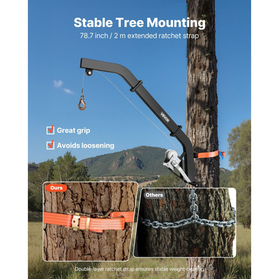 Ανυψωτικό ελαφιών VEVOR στερεωμένο σε δέντρο, χωρητικότητα φορτίου 130 κιλών, ανυψωτικό βαρούλκο κυνηγιού με ιμάντα καστάνιας, κρεμάστρα ελαφιών βαρέως τύπου για εκδορά, καθάρισμα, κρέμασμα τροφής και σάλτσα αγρού, μαύρο