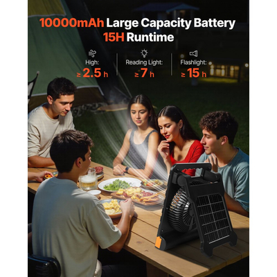 VEVOR Επαναφορτιζόμενος ηλιακός ανεμιστήρας 10000mAh με φανάρι LED, φορητός ανεμιστήρας 18 cm ασύρματος με πτυσσόμενο ηλιακό πάνελ 4W, 4 ταχυτήτων & χρονοδιακόπτης & αθόρυβος, τροφοδοτείται με μπαταρία USB για σκηνή κάμπινγκ, γραφείο εργοταξίου