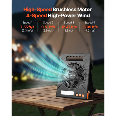 VEVOR Επαναφορτιζόμενος ηλιακός ανεμιστήρας 10000mAh με φανάρι LED, φορητός ανεμιστήρας 18 cm ασύρματος με πτυσσόμενο ηλιακό πάνελ 4W, 4 ταχυτήτων & χρονοδιακόπτης & αθόρυβος, τροφοδοτείται με μπαταρία USB για σκηνή κάμπινγκ, γραφείο εργοταξίου