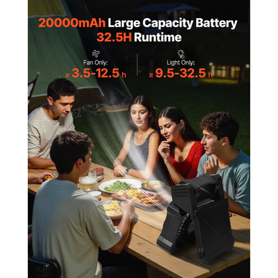 Επαναφορτιζόμενος ηλιακός ανεμιστήρας VEVOR 20000mAh με φανάρι LED, ασύρματος φορητός ανεμιστήρας 20 cm με πτυσσόμενο ηλιακό πάνελ 7W, 5 ταχυτήτων & χρονοδιακόπτης & αθόρυβος, τροφοδοτείται με μπαταρία USB για σκηνή κάμπινγκ, γραφείο εργοταξίου