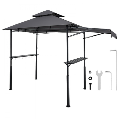 Κιόσκι VEVOR Grill, Διπλής Επίπεδης Οροφής 2,43 x 1,5 μ., Κιόσκι BBQ με Επιπλέον Τέντα, Στέγαστρο Ψησταριάς από Ατσάλι με Ηλεκτροστατική Βαφή και 2 Πλαϊνά Ράφια, Ανοιχτήρι Μπουκαλιών & Γάντζοι, Εξωτερική Στέγη Ψησταριάς για Κήπο