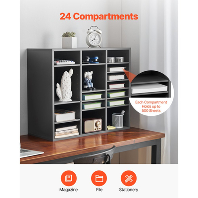Οργανωτής Λογοτεχνίας VEVOR, Γραμματοκιβώτιο Γραφείου 24 Διαμερισμάτων με Ρυθμιζόμενα Ράφια, Ξύλινος Ταξινομητής Γραμματοκιβωτίων από Ινοσανίδα Μέσης Πυκνότητας, Αποθήκευση για Αρχεία, Έγγραφα, Χαρτιά, Γκρι