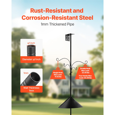 Βάση ταΐστρας άγριων πτηνών VEVOR 4-Hook, κιτ σταθμού ταΐσματος πτηνών 2370 mm, κρεμαστά άγκιστρα διαμέτρου 25 mm για σπιτάκια πουλιών με προστατευτικό διάφραγμα για σκίουρους, βάση πολλαπλών ταΐστρων βαρέως τύπου, εύκολη στην εγκατάσταση