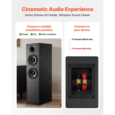 Ηχεία δαπέδου VEVOR, 2 δρόμων, επιδαπέδια ηχεία πύργου με tweeter 25,4 mm, διπλά woofer 165,1 mm, κορυφή 400W, απόκριση συχνότητας 65Hz–20kHz, ανθεκτικό περίβλημα MDF, για οικιακό ήχο, ζεύγος