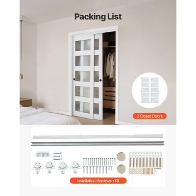 Συρόμενη Πόρτα Ντουλάπας VEVOR, 1219mm (Διπλή 635mm) x 2032 mm, Συρόμενες Πόρτες Παράκαμψης 5-Lite από Γυαλί με Κιτ Μηχανισμών, Πλάκα από Μασίφ Ξύλο & MDF με Αδιάβροχη Επιφάνεια PVC για Υπνοδωμάτια με Ντουλάπες