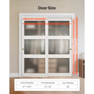 Συρόμενη Πόρτα Ντουλάπας VEVOR, 1829mm (Διπλή 940mm) x 2032 mm, Συρόμενες Πόρτες Παράκαμψης 3-Lite από Γυαλί με Κιτ Μηχανισμών, Πλάκα από Μασίφ Ξύλο & MDF με Αδιάβροχη Επιφάνεια PVC για Ντουλάπες Υπνοδωματίων
