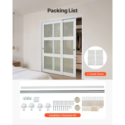 Συρόμενη Πόρτα Ντουλάπας VEVOR, 1829mm (Διπλή 940mm) x 2032 mm, Συρόμενες Πόρτες Παράκαμψης 3-Lite από Γυαλί με Κιτ Μηχανισμών, Πλάκα από Μασίφ Ξύλο & MDF με Αδιάβροχη Επιφάνεια PVC για Ντουλάπες Υπνοδωματίων