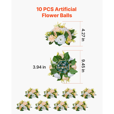 VEVOR Μπουκέτο με Μπαλάκια Λουλουδιών 10 τεμάχια, Μπαλάκια Τεχνητών Λουλουδιών Διαμέτρου 240 mm, Κεντρικά Στολίδια Τραπεζιού Γάμου, Συνθέσεις με Τριαντάφυλλα για Κεντρικό Στολισμό Γάμου, Σαμπανιζέ & Λευκά Τριαντάφυλλα
