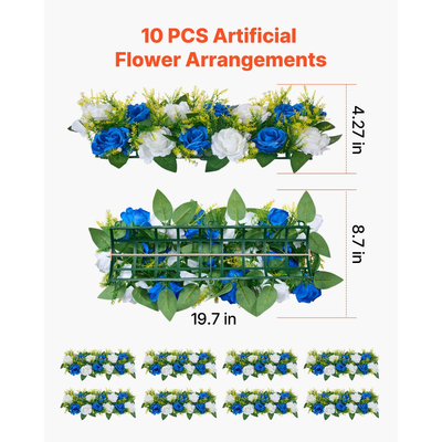 VEVOR Μπουκέτο με Μπαλάκια Λουλουδιών 10 τεμάχια, Μπαλάκια Τεχνητών Λουλουδιών 500 x 220 mm Κεντρικά Στολίδια Τραπεζιού Γάμου, Συνθέσεις με Ψεύτικα Τριαντάφυλλα για Κεντρικό Στολισμό Γάμου, Μπλε και Λευκά Τριαντάφυλλα