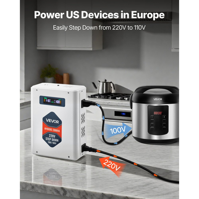 Μετατροπέας τάσης VEVOR με βαθμιδωτή μείωση τάσης, 2000VA, Μετατροπέας ισχύος τάσης βαρέως τύπου, Μετασχηματιστής ισχύος 220V σε 110V, με 2 πρίζες ΗΠΑ, έξοδο USB, οθόνη LCD, προστασία θερμοκρασίας, για συσκευές 110V