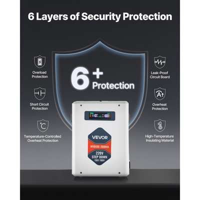 Μετατροπέας τάσης VEVOR με βαθμιδωτή μείωση τάσης, 2000VA, Μετατροπέας ισχύος τάσης βαρέως τύπου, Μετασχηματιστής ισχύος 220V σε 110V, με 2 πρίζες ΗΠΑ, έξοδο USB, οθόνη LCD, προστασία θερμοκρασίας, για συσκευές 110V