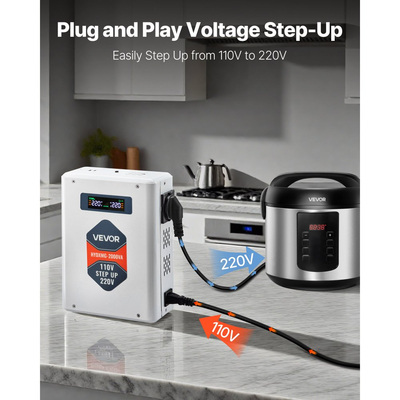 Μετατροπέας τάσης VEVOR Steep Up, 2000VA, Μετατροπέας ισχύος τάσης βαρέως τύπου, Μετασχηματιστής ισχύος 110V σε 220V, με 2 πρίζες EU, έξοδο USB, οθόνη LCD, προστασία θερμοκρασίας, για συσκευές 220V