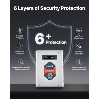 Μετατροπέας τάσης VEVOR Steep Up, 2000VA, Μετατροπέας ισχύος τάσης βαρέως τύπου, Μετασχηματιστής ισχύος 110V σε 220V, με 2 πρίζες EU, έξοδο USB, οθόνη LCD, προστασία θερμοκρασίας, για συσκευές 220V