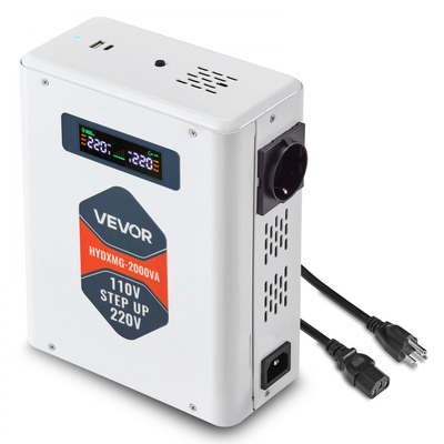 Μετατροπέας τάσης VEVOR Steep Up, 2000VA, Μετατροπέας ισχύος τάσης βαρέως τύπου, Μετασχηματιστής ισχύος 110V σε 220V, με 2 πρίζες EU, έξοδο USB, οθόνη LCD, προστασία θερμοκρασίας, για συσκευές 220V